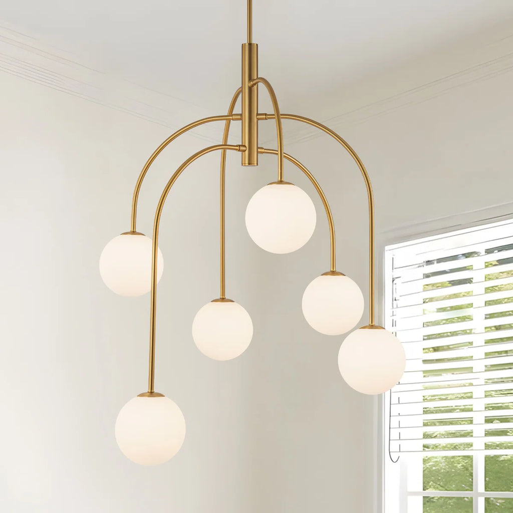 6 Bulbs Light Dimmable Sputnik Modern Linear Chandelier with White Glass Shade