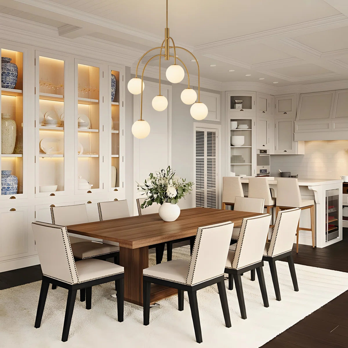 6 Bulbs Light Dimmable Sputnik Modern Linear Chandelier with White Glass Shade