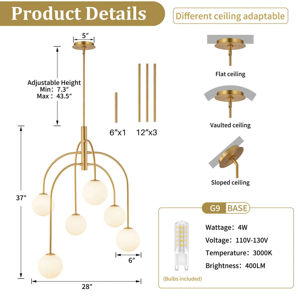 6 Bulbs Light Dimmable Sputnik Modern Linear Chandelier with White Glass Shade