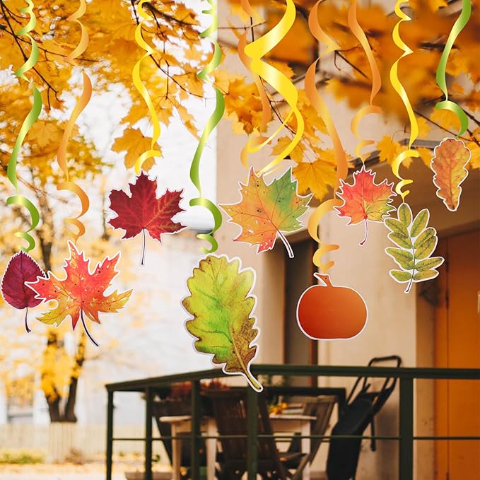 30PCS Fall Swirl Decorations – Pumpkin & Leaf Hanging Decor for Thanksgiving