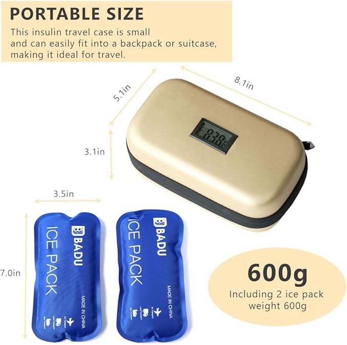 24-Hour Insulin Travel Cooler Case w/ Thermometer – TSA Approved, 2 Ice Packs